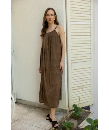 Boncuk Askılı Uzun Elbise-Kahve