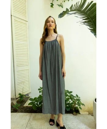 Boncuk Askılı Uzun Elbise-Antrasit