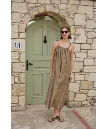 Boncuk Askılı Uzun Elbise-Taş