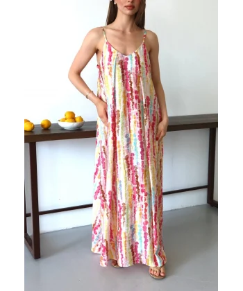 Limonata Puantiyeli Desenli Askılı Uzun Elbise