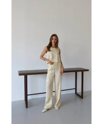 Desenli Jakar Saten Bluz Pantolon Takım-Sarı