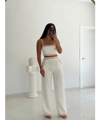 İşleme Detaylı Keten Pantolon-Ekru