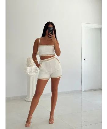 İşleme Detaylı Keten Şort - Ekru