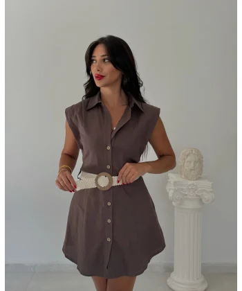 Kemerli Keten Elbise-Kahve