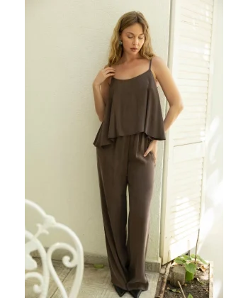 Premium Serisi Askılı Bluz Pantolon Takım-Kahve