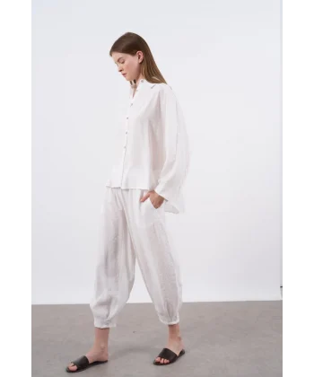 Modal Kumaş Gömlek Pantolon İkili Takım-Beyaz