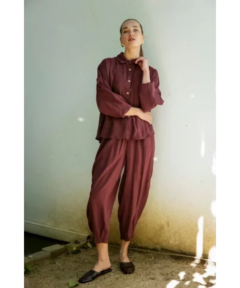 Modal Kumaş Gömlek Pantolon İkili Takım-Bordo