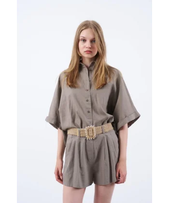 Premium Seri Keten Şort Gömlek Takım-Vizon