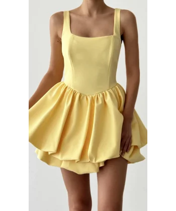 Balen Detaylı Volanlı Mini Sarı Elbise