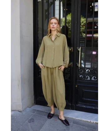 Modal Kumaş Gömlek Pantolon İkili Takım-Haki