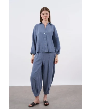 Modal Kumaş Gömlek Pantolon İkili Takım-İndigo