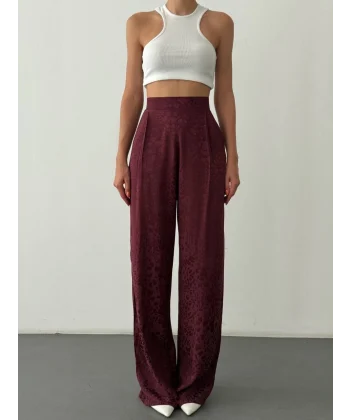 Leopar Desenli Saten Pantolon-Bordo