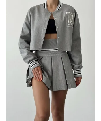 Harf Nakışlı Ribanalı Kısa Bomber Ceket-Gri