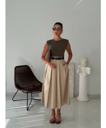 Kemerli Kontrast Kumaşlı Pileli Midi Elbise-Kahverengi