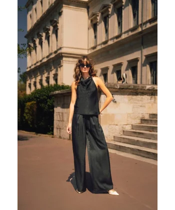 Saten Bluz Pantolon İkili Takım-Siyah