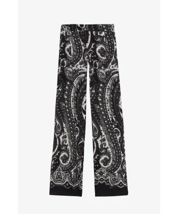 Etnik Desenli Yüksek Bel Bol Paça Pantolon-Siyah