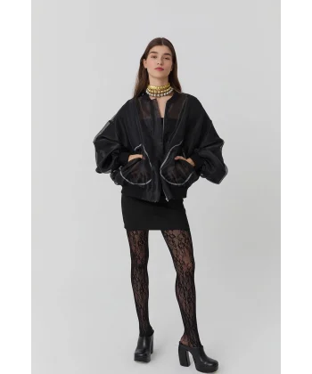 Cep Detaylı Organze Tül Ceket-Siyah