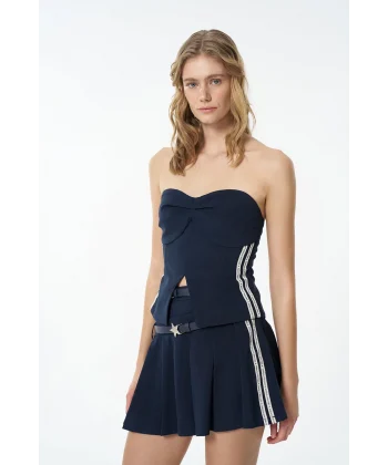 Yazı Şerit Detaylı Straplez Bluz-Lacivert