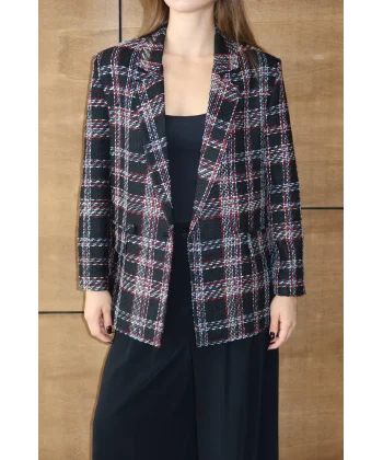 Siyah Kırmızı Kareli Oversize Kruvaze Şanel Ceket