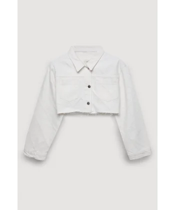 Örgü Detaylı Düğmeli Crop Kot Ceket Krem