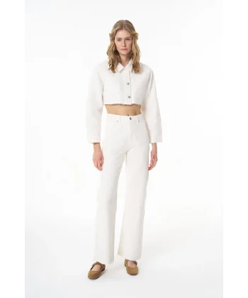 Örgü Detaylı Paçaları Kesik Kot Pantolon Krem