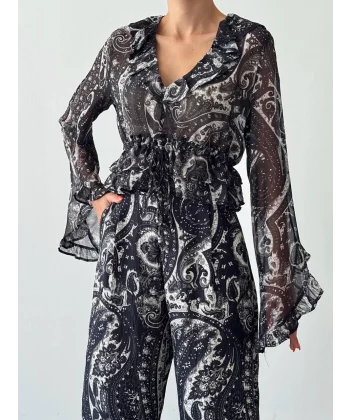 Etnik Desenli Fırfırlı V Yaka Tül Bluz Siyah