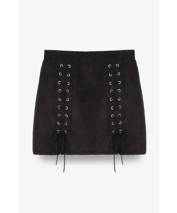 Bağcıklı Kadife Fitilli Mini Etek Siyah