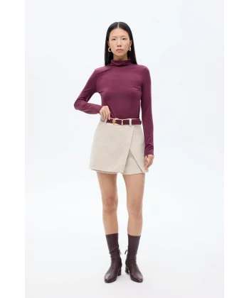 Kemerli Kruvaze Tüvit Şort Etek Bej