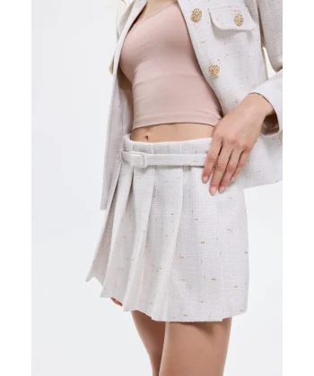 Kemer Detaylı Pileli Tüvit Mini Şort Etek Bej
