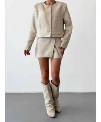 Yuvarlak Yaka Düğmeli Tüvit Ceket Bej
