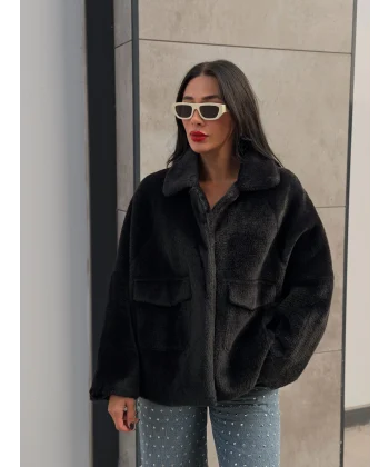 Cepli Alpaka Kürk Kısa Kaban-Siyah