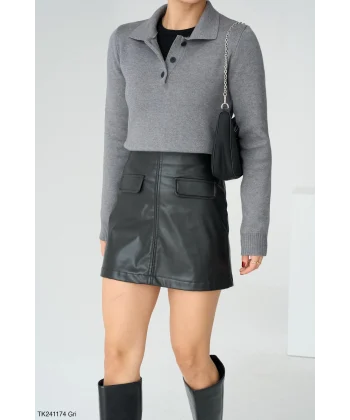 Polo Yaka Triko Kazak-Gri