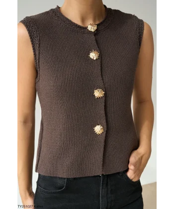 Gold Düğme Kahverengi Yelek