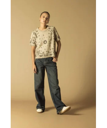 Baskılı Triko Kısa Kol Kazak-Taş