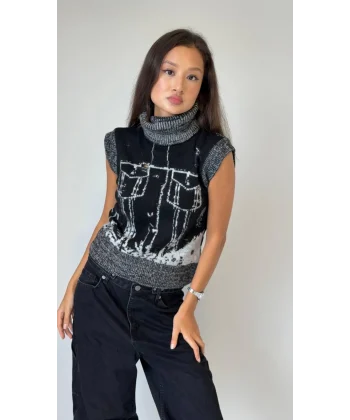 Desenli Balıkçı Yaka Süveter-Siyah