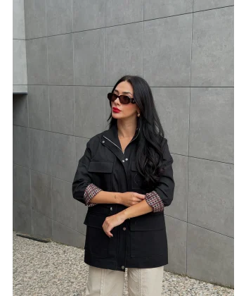 Tiffany Ekose Astarlı Trençkot-Siyah