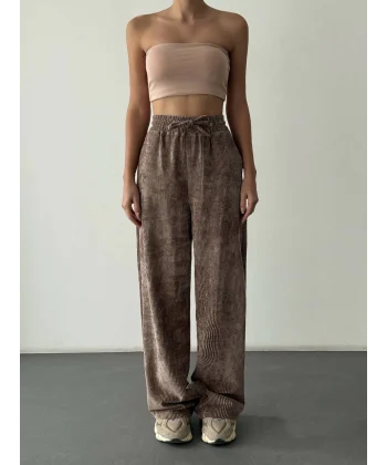Beli Lastikli Kadife Pantolon-Kahve