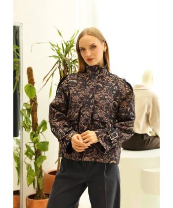 Etnik Desen Kısa Ceket-Lacivert