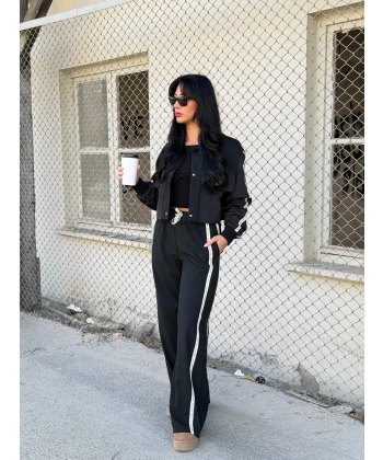 Teknik Kumaş Şerit Detaylı Ceket Pantolon Takım-Siyah