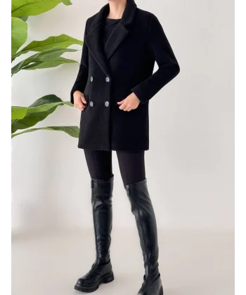 ANGORA DOKULU KISA KABAN SİYAH