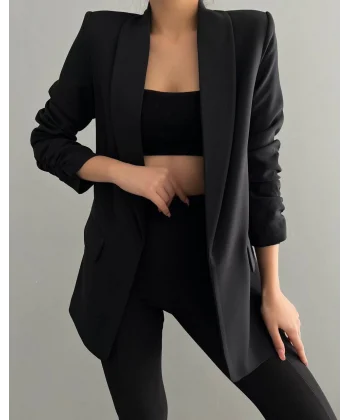 Atlas Kumaş Büzgü Kol Tam Kalıp Siyah Blazer Ceket