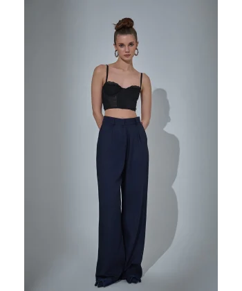 Bol Paça Palazzo Kumaş Pantolon Lacivert