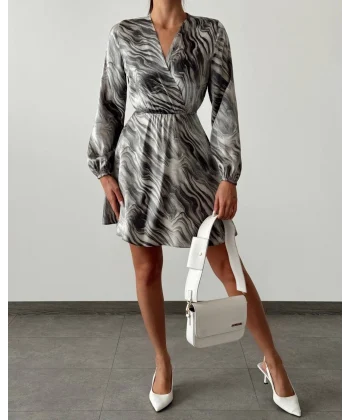 DESENLİ SATEN KRUVAZE ELBİSE SİYAH