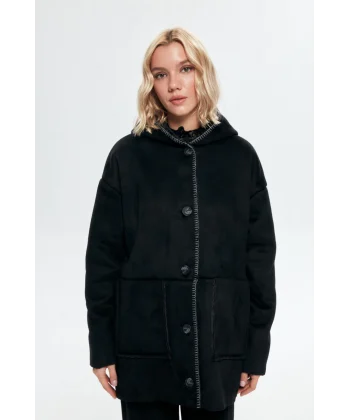 PREMİUM İÇİ KÜRKLÜ KAPÜŞONLU SİYAH KABAN