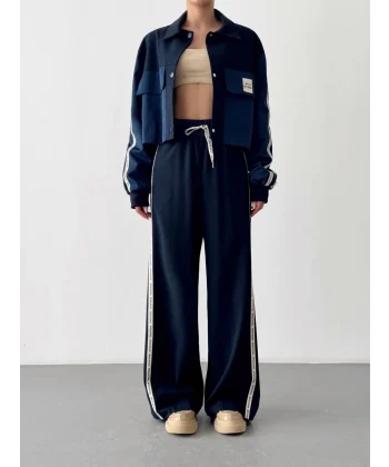 Şerit Yazı Detaylı Yüksek Bel Pantolon Lacivert