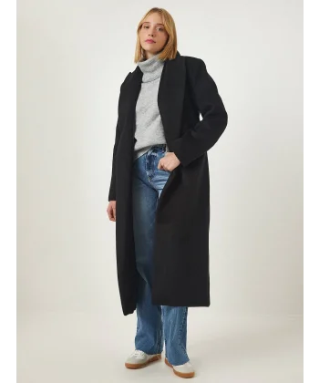 TOKYO YAKALI UZUN YÜN KABAN SİYAH