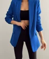 Atlas Kumaş Astarlı Büzgü Kol Tam Kalıp Saks Mavi Blazer Ceket