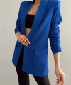 Atlas Kumaş Astarlı Büzgü Kol Tam Kalıp Saks Mavi Blazer Ceket