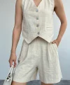 Ekru Keten Şort Yelek Takım