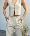 Ekru Keten Pantolon Yelek Takım